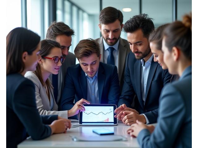 Un grupo de personas colaborando en torno a una tablet, con gráficos financieros en el fondo, simbolizando empoderamiento y planificación.