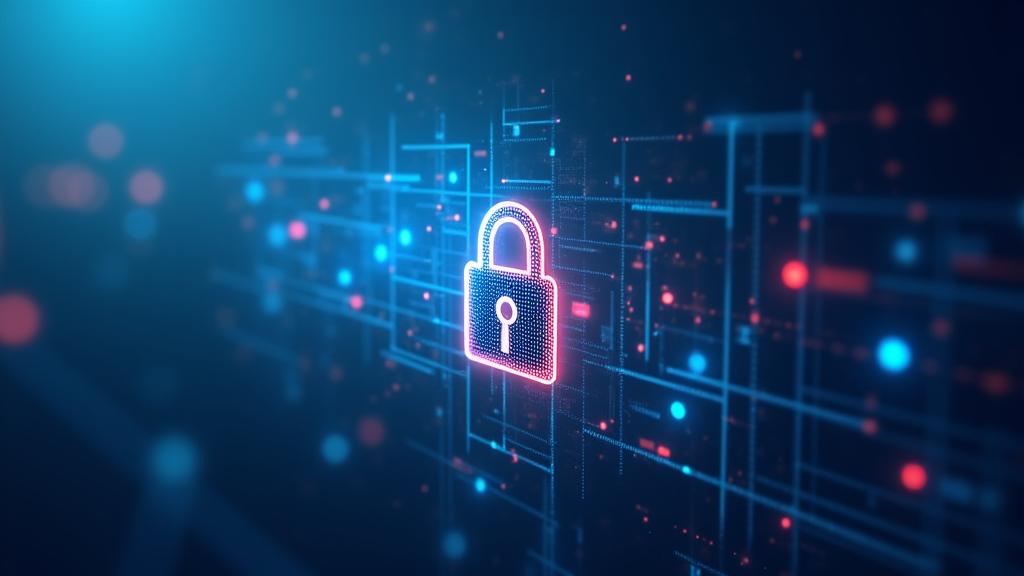 Imagen conceptual de seguridad de datos y privacidad con elementos digitales y un candado.