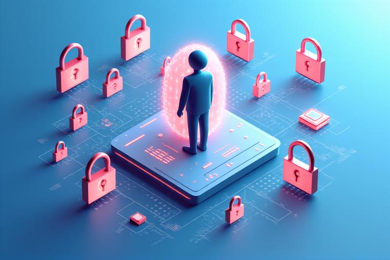 Iconos de seguridad digital, candados y escudos flotando alrededor de una figura abstracta que representa datos protegidos.