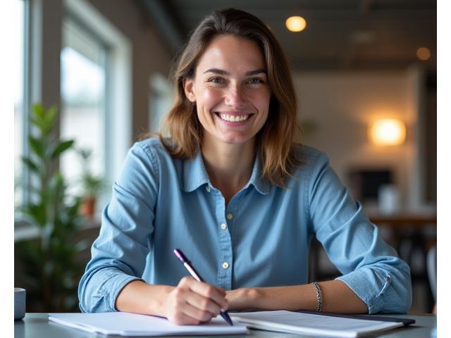 Persona sonriendo y escribiendo en un cuaderno, representando la atención personalizada de BonosChile 2025
