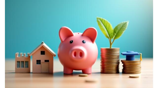 Hucha con monedas y plantas creciendo, simbolizando el ahorro.