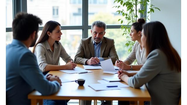 Personas sentadas en una mesa discutiendo documentos financieros.