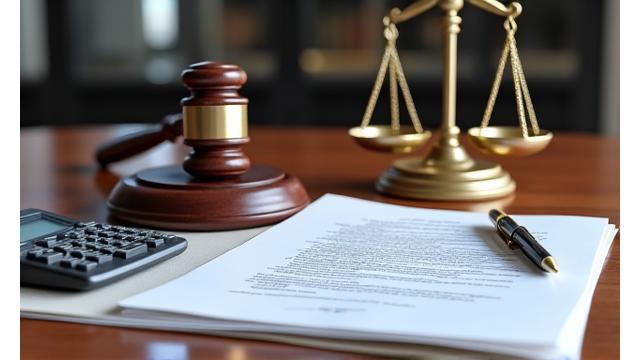 Mazo de juez y balanza de justicia junto a documentos financieros y calculadoras.