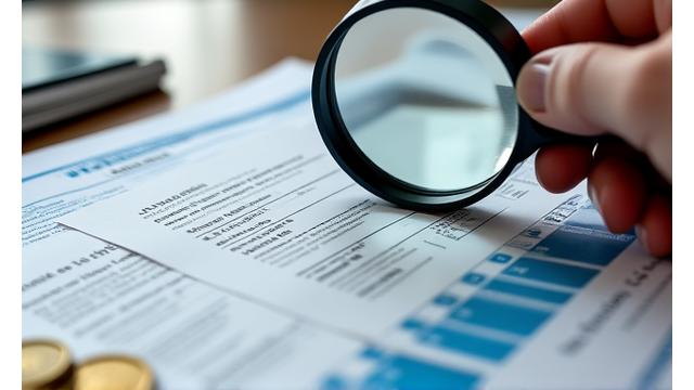 Mano sosteniendo una lupa sobre documentos con símbolos monetarios.