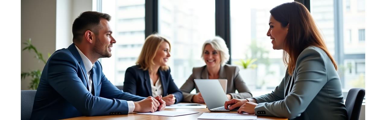 Imagen de personas discutiendo finanzas en un entorno profesional.