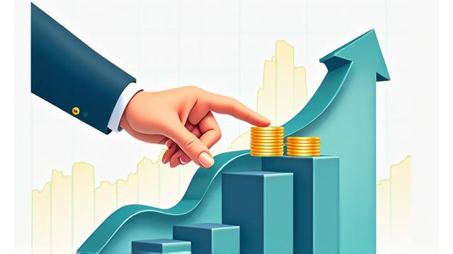 Gráfico financiero ascendente con una mano sosteniendo monedas.